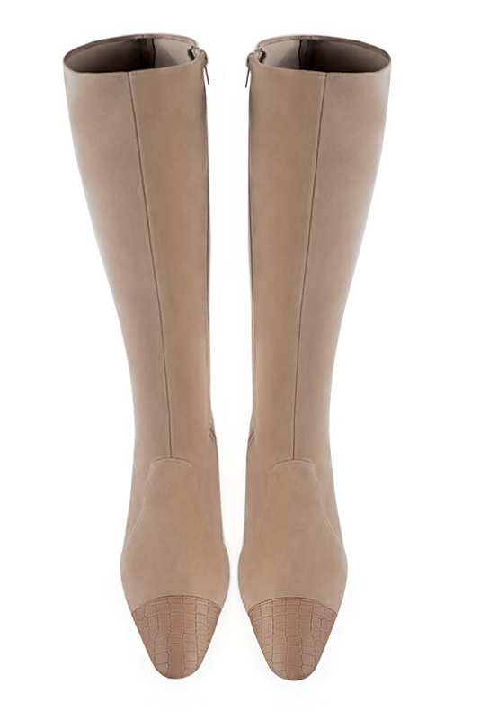 Tan beige women's feminine knee-high boots. Round toe. High block heels. Made to measure. Top view - Florence KOOIJMAN